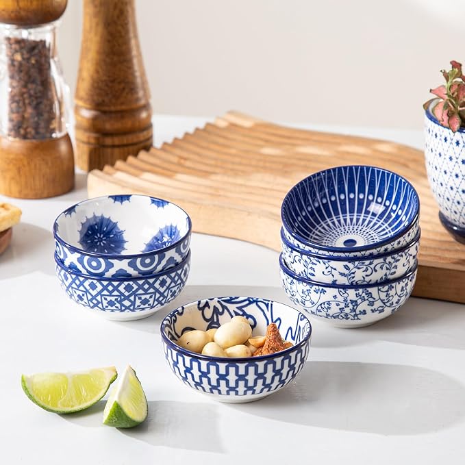 Ceramic Dipping Bowls Set - Mini 3 Inch Soy Sauce Dishes - 2.7 Oz Small Round Pinch Bowls for Snacks, Appetizers, Side Dish BBQ, Charcuterie & Kitchen Prep - Set of 6 - Vintage Blue