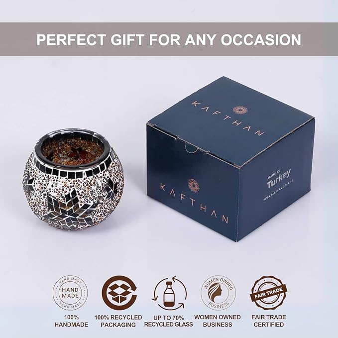 KAFTHAN Mosaic Glass Large Single Candle Holder - Round Bowl, Plant Pot, Votive Candle Holder - Decorative Vase & Unique Table Centerpiece for Wedding, Ball & Home - (3.7" x 3.5", Ecru Star)