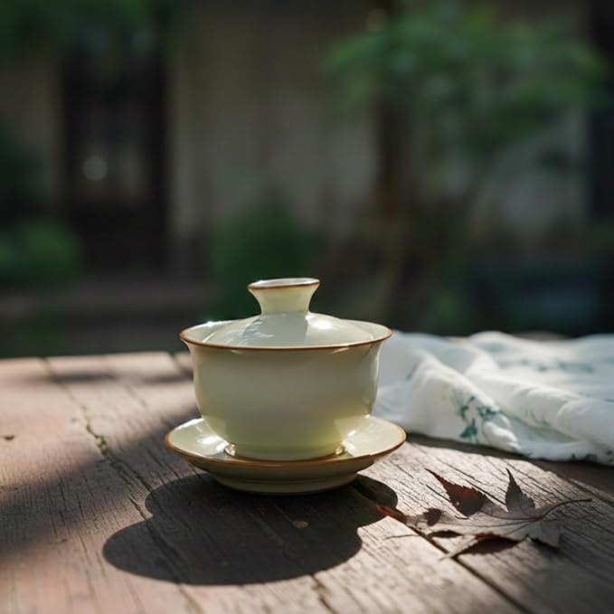 Luxury Gaiwan Tea Set Gift for Tea Lovers – Hand-Signed Handmade Longquan Celadon Gaiwan with Lid and Saucer, Premium Gongfu Tea Cup, Tea Ceremony Wedding Housewarming Gift