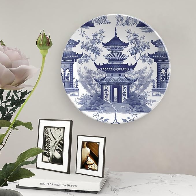 Chinoiserie Blue Asian Pagoda Plates Ceramic, Personalized Wall Decorative Plate for Wedding Wall Club Decor, Including Bracket And Special Hook Art Decorations for Art Decoration Table