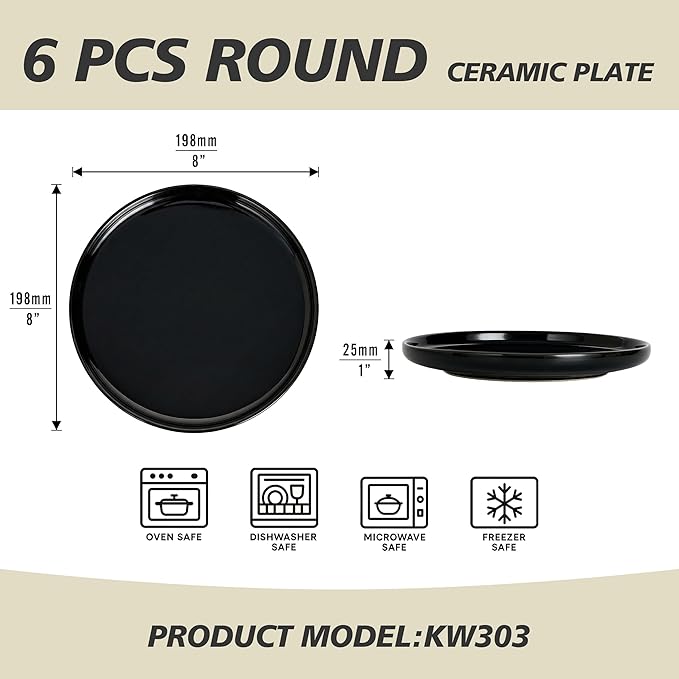 Ceramic Appetizer Plates Set of 6,Black Dessert Plates 8 Inch,Small Dinner Plates,Modern Round Salad Plates,Porcelain Serving Dishes for Pasta,Snack,Bread,Dessert,Sushi Microwave & Dishwasher Safe