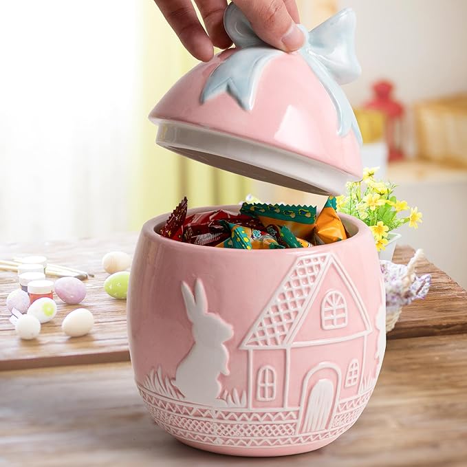 Easter Bunny Cookie Jar with Lid, Pink Egg Candy Jar, Embossment Bunny Decorative Ceramic Storage Container Jar, Pink Easter Bunny Egg Decorations for Home Kitchen Indoor Best Easter Gift