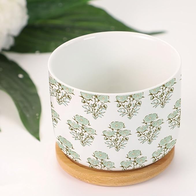 5 Piece Green Flower Small Succulents Pots Oriental Chinoiserie Cactus Planter for Indoor with Drainage Holes and Bamboo Tray Watercolor Chinoiserie Floral Ceramics Planters for Indoor