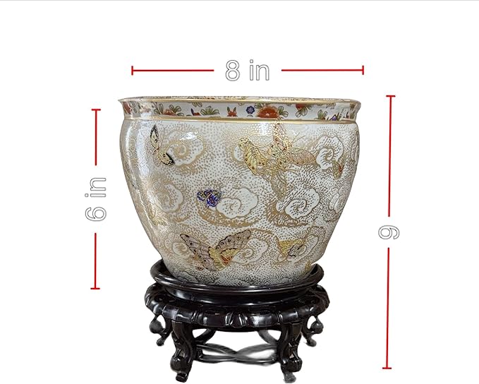 New 8" Oriental Colorful Butterfly Butterflies Themed Fish Bowl Jardiniere Planter Plant Pot & Acrylic Oriental Stand
