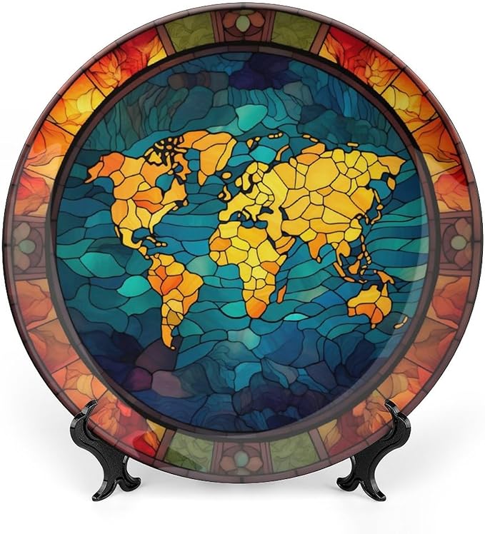 Decorative Plates, Retro World Map Stained Glass Design Ceramic Dinner Plate Home Wobble-Plate w/ Display Stand, Wall Hanging Decor for Kitchen Household 7 Inch, Gifts for Adventure Lover Wanderlust