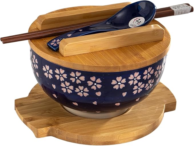 Urban Tokyo Japanese Kamameshi Style Ceramic Glazed Japanese Ramen Udon Pho Noodle Bowl With Spoon, Bamboo Lid, Chopsticks and Trivet 5 Piece Set (Sakura Cherry Blossoms)