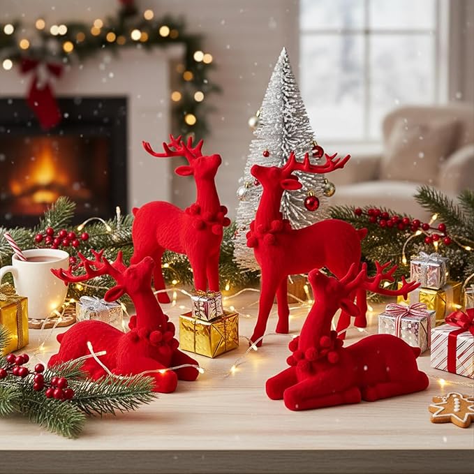 Wesiti 4 Pcs Christmas Reindeer Decor Small Artificial Red Flocked Ceramic Standing Sitting Reindeer Figurine Mini Deer Christmas Tabletop Decoration for Xmas Holiday Indoor Rustic Statue Table Decor