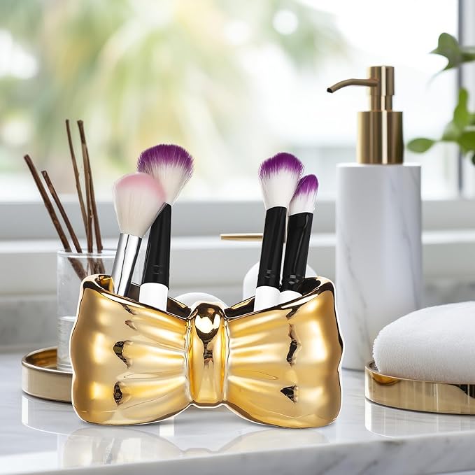 Chunful Gold Bow Toothbrush Holder Cute Ceramic Bow Shaped Toothbrush Makeup Brush Holder Organizer Comb Pen Pencil Storage Box Container Bathroom Vanity Countertop Accessories, for Bathroom Home