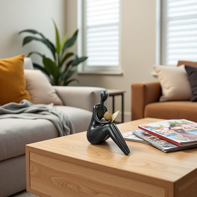 Black Abstract Sitting Figurine with Gold Butterfly – Modern Resin Sculpture for Shelf, Desk, Living Room & Office Decor, Minimalist Shelf Sitter Statue for Home Decoration