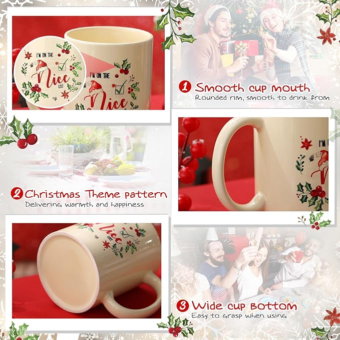 Sliner 11 oz Christmas Ceramic Coffee Mugs Set of 2 Naughty Nice Coffee Cup Funny Gift Cute Festive Ceramic Tea Cup Xmas Holiday Birthday Gifts for Men Women