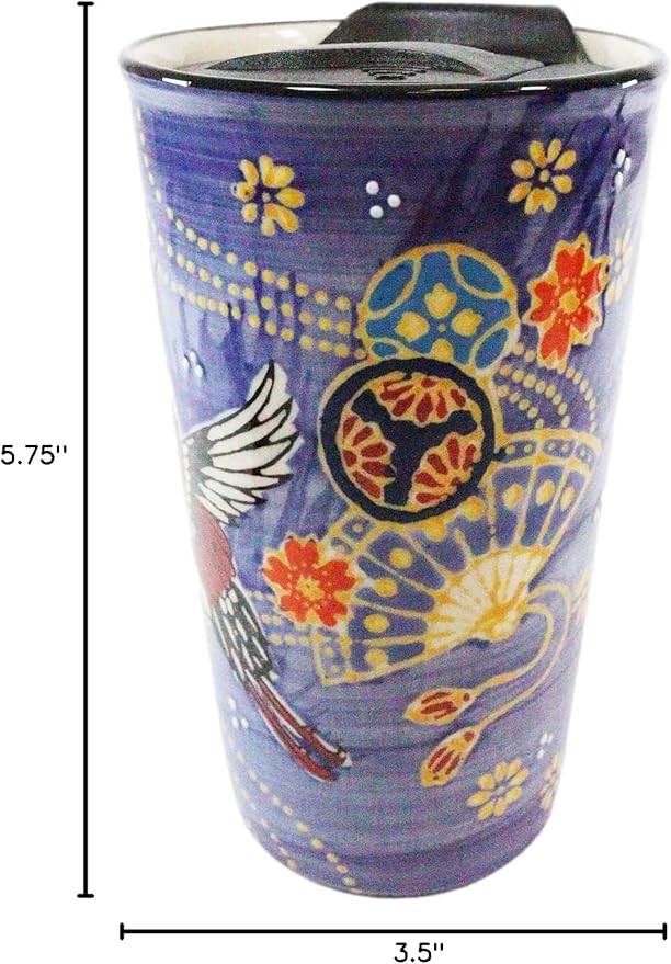 Ebros Oriental Japanese Design Double Walled Porcelain Ceramic Tall Hot Or Cold Drink Travel Mug Cup 12oz With Straw Or Sip Holed Cover Lid (Purple Japanese Crane With Oriental Fans)