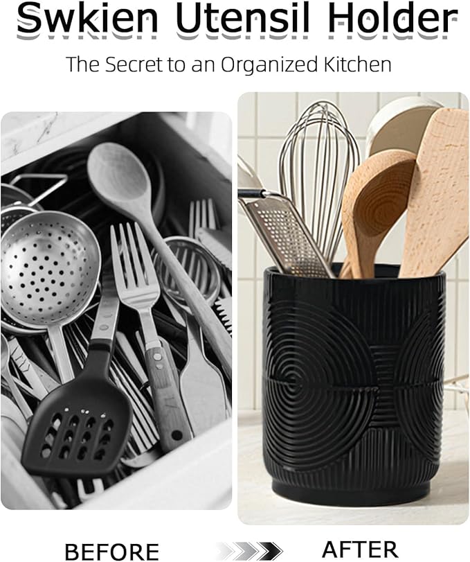 Utensil Holder, 7.2" Kitchen Utensil Holder for Counter, 2-in-1 Ceramic Cooking Utensils Holders with Spoon Rest, Utensil Crock for Spatula, Ideal Housewarming Gift (Black)