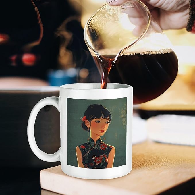 Asian Women Style Coffee Mugs Modern Ceramic Coffee Cups with Patterns Porcelain Tea Cups with Large Handles for Women Men Dishwasher And Microwave Safe