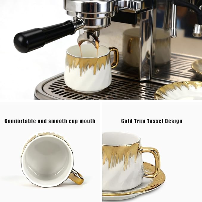 Coffee Cup Set of 6 with Saucers, 3.5 OZ Ceramic Espresso Cups Set, Gold Trim Turkish Coffee Cup Gift for Cappuccino, Latte, Cafe Mocha and Tea, Dishwasher & Microwave Safe(Gold Twill)