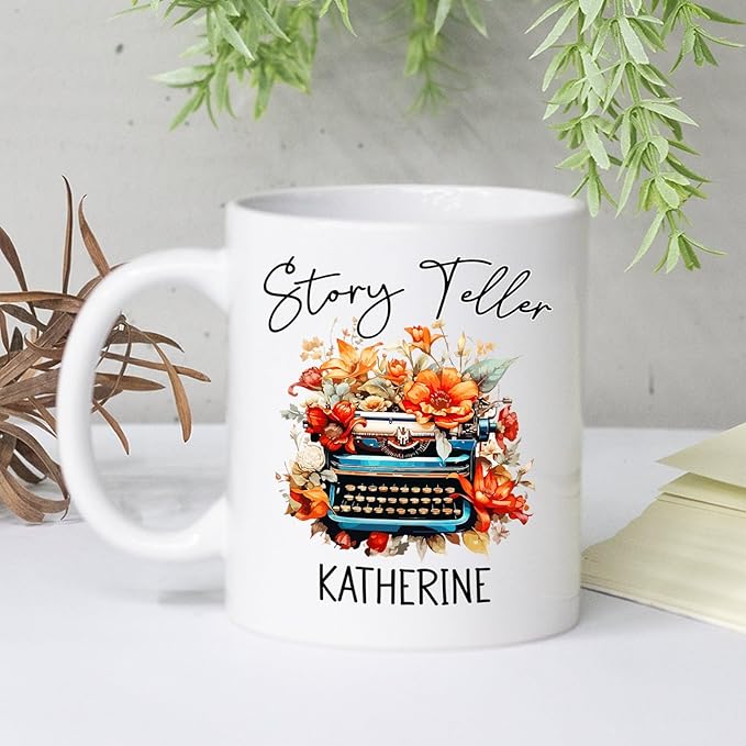 Personalized Writer Ceramic Coffee Mug, Story Teller White Teacup 11 Oz 15 Oz, Customized Name Writer Coffee Cup, Storyteller Mug Gifts for Author Novelist Journalist Writer, Awesome Typewriter Cup