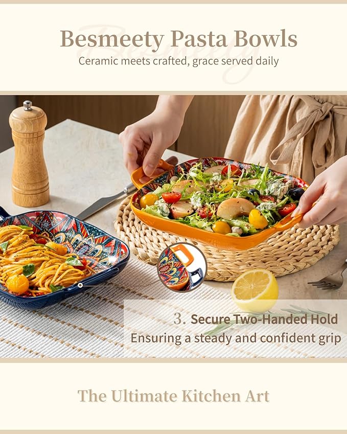 Besmeety Square Pasta Bowls with Handle, Boho Salad Serving Bowls Set of 2, Ceramic 7.09" Pasta Plates for Housewarming Present, Party (Orange+Blue)