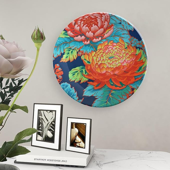 Red Blue Chinoiserie Peony Floral Ceramic Decorative Plate, Personalized Asian Scenic Chic Chinoiserie Hanging Decorative Tiles, Farmhouse Decorations Wall, Including Bracket And Special Hook