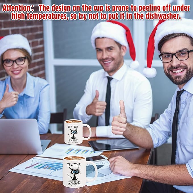 Sliner 2 Set It's Fine I'm Fine Mugs Black Cat Funny Gifts Coffee Cup 11 oz Ceramic Cute Tea Cup Holiday Birthday Gifts for Men Women Cat Lovers Colleague Coworker