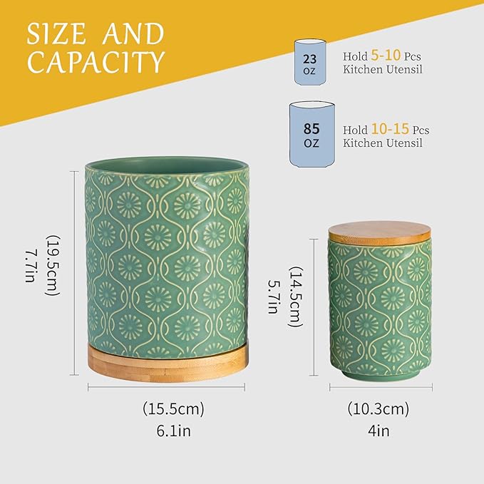 TEATALK Ceramic Utensil Holder Set, 360° Rotating Organizer for Countertop, Farmhouse Vintage Style, Large and Small Crocks in Green，7.7"+5.7"