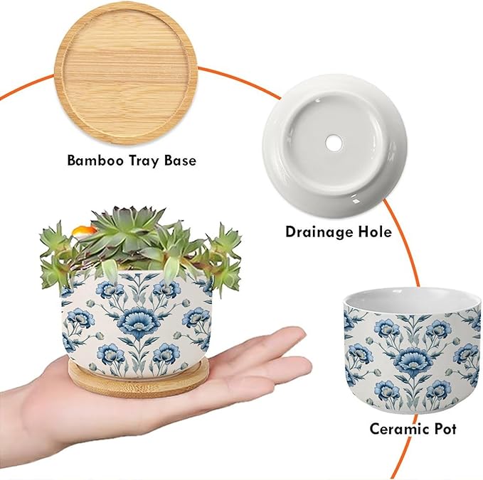 2 Piece Ceramics Planter Mughal Flower Small Pots for Succulents Chinoiserie Blue Floral Cactus Pot for Indoor Asian Scenery Chinoiserie Plant Pot with Drainage Holes