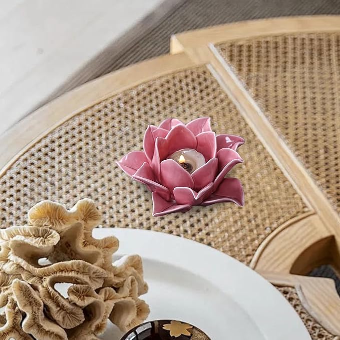 Lotus Flower Candle Holder 5x3 Inch Ceramic Tealight Holder Exuqisite & Tranquil Decorative Candle Stand for Tea, Meditation