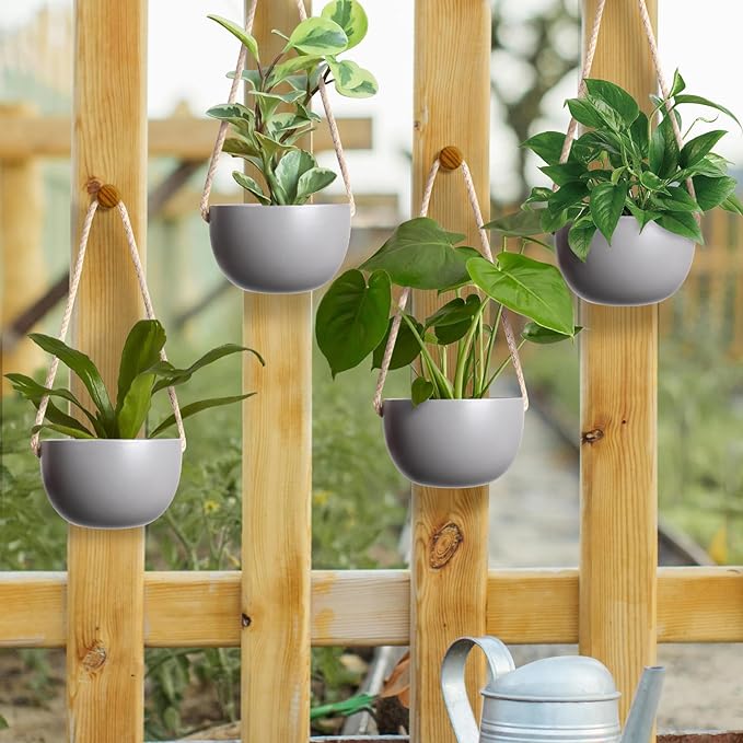 INGOFIN 4 Inch Ceramic Hanging Planter, Modern Hanging Plant Pot with Jute Rope, Succulent Bonsai Pots, Matte Grey Porcelain Flower Pots, for Indoor and Outdoor, Set of 4 (Matte Grey)