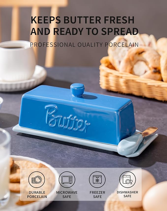 TEATALK Ceramic Butter Dish with Lid and Knife - Large Butter Holder, Farmhouse Style, 8-Inch Porcelain Butter Keeper with Scraper Edge, Blue