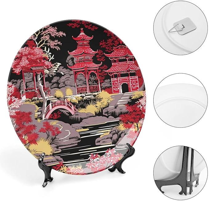 China Plates Chinoiserie Charcoal Coral Pagoda Asian Personalized Decor for Club Housewarming Gifts Festival Household Dinner Plates with Display Stand And Hook Up, Multi Sizes, Gifts for Men Women