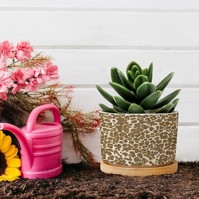 Leopard Brown and White Planter Ceramic African Tribal Animal Print Round Plant Pot with Drainage Holes and Bamboo Tray Pot for Succulents Cactus Garden Windowsill