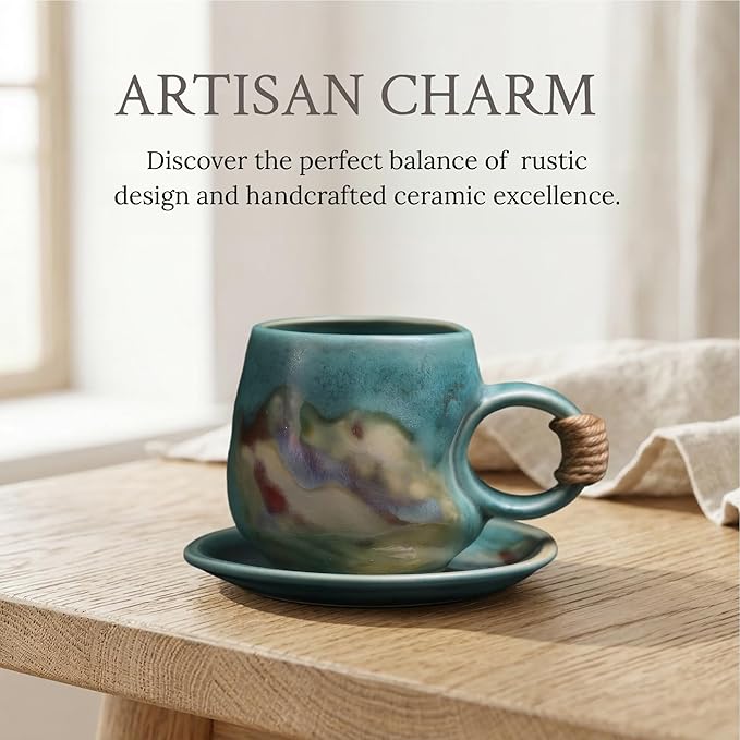 8oz Small Vintage Japanese Style Handmade Ceramic Tea Cup with Saucer , Lead-Free Cappuccino Mug, Artisanal Coffee Mug with saucer set,Handcrafted mug with handle, For Espresso, Latte ,Teal Green