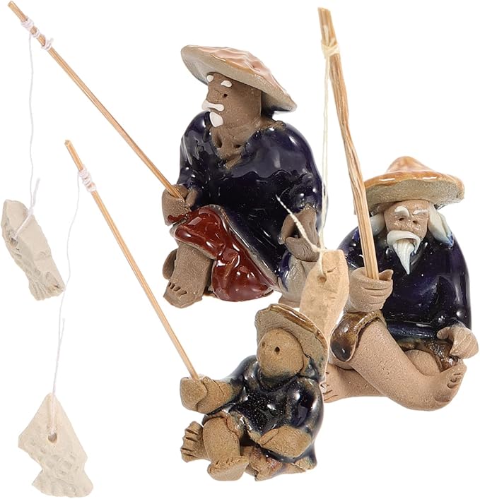 Mikikit 6pcs Ceramic Fisherman Figurines for Fish Tank Decor Miniature Fisherman Statue for Bonsai and Aquarium Lifelike Asian Sculpture Chinese Retro Style Landscape Ornaments