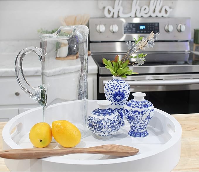 AuldHome Blue and White Porcelain Vases Set of 3, Mini Decorative Bud Vases for Farmhouse, Cottagecore, and Vintage Decor