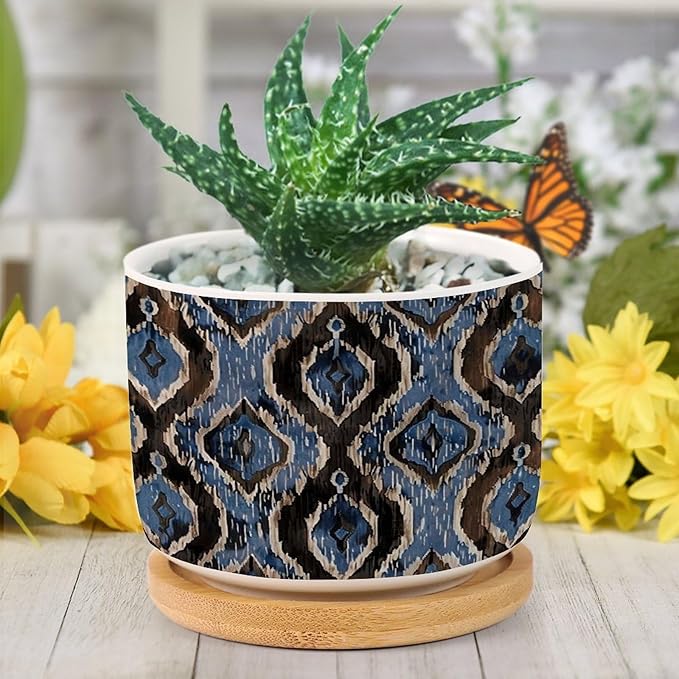 DreamAutumn Indigo Ikat Abstract Blue Ceramic Pots for Plants with Drainage Holes Round Flower Pot Bamboo Tray Orchid Pot Succulents Pots for Outdoor Indoor Plants,Housewarming Gifts