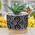 DreamAutumn Indigo Ikat Abstract Blue Ceramic Pots for Plants with Drainage Holes Round Flower Pot Bamboo Tray Orchid Pot Succulents Pots for Outdoor Indoor Plants,Housewarming Gifts