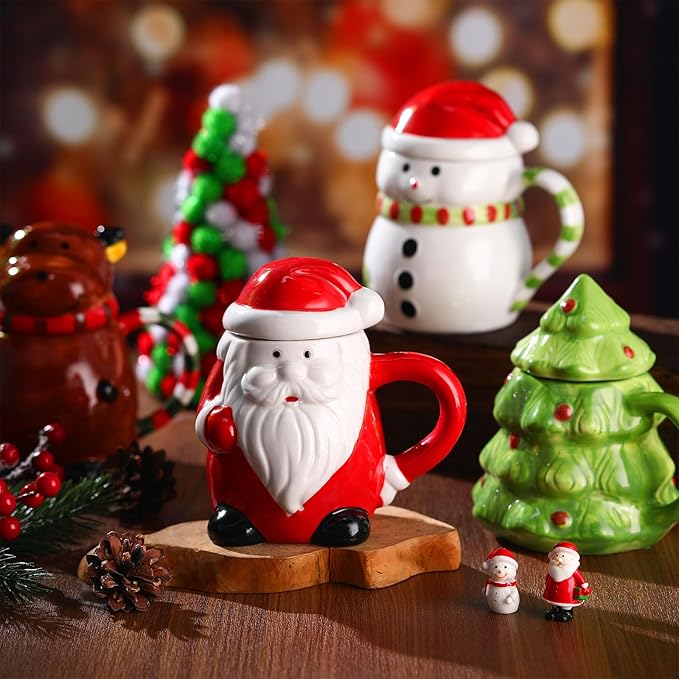 Baderke 4 Set Santa Mug Bulk with Lid 14 oz Christmas Ceramic Coffee Mug Santa Snowman Reindeer Xmas Tree Porcelain Latte Tea Cup for Holiday Christmas Birthday Men Women Gifts