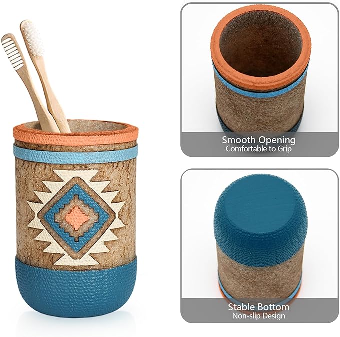 Bathroom Accessory Sets 4PCs Bathroom Set Complete Tribal Home Decor Southwest Pattern Shape Includes Lotion Dispenser Toothbrush Holder Tumbler Cup & Vanity Tray