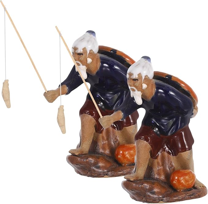 LOGOFUN 2PCS Mini Fisherman Figurines Ceramic Fishing Statue Micro Landscape Ornament Asian Pottery Sculpture for Bonsai Zen Garden Decor