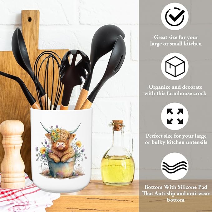 Highland Cow Ceramic Utensil Holder Watercolor Cow Floral Utensil Crock for Farmhouse Home Kitchen Countertop Storage Organizer, Set of 2
