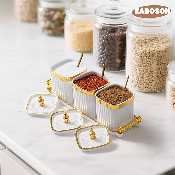 3 Pack Gold Condiment Spice Jars with Lids, Spoons, Tray - Plastic Seasoning Box Set for Salt, Pepper, Sugar - Kitchen Storage