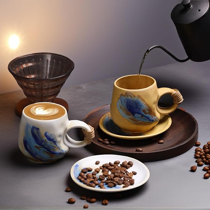 8oz Small Vintage Japanese Style Handmade Ceramic Tea Cup with Saucer , Lead-Free Cappuccino Mug, Artisanal Coffee Mug with saucer set,Handcrafted mug with handle, For Espresso, Latte ,(1, White)