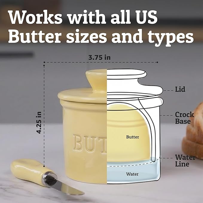 PriorityChef Butter Crock with Lid with Water Line,Ceramic French Butter Dish to Leave On Counter, Pastel Yellow