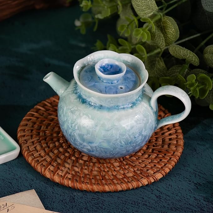 KAMMAK Tea Set for Adults Porcelain Tea Pot and Tea Cups Set, Blue and Green Gradient Japanese Ceramic Tea Cups and Saucers Set, Chinese Gong Fu Tea Set (2 Saucer+ 2 Cups +1 Tea Pot + 1 Square Plate)