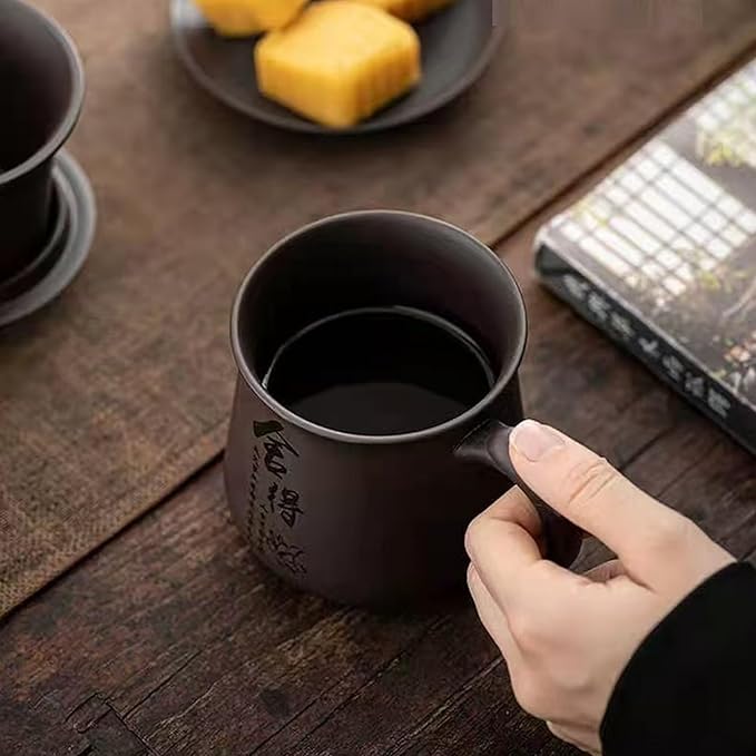 Chinese ZiSha Tea Cup, Cup Filter Integrated, Purple Sand Tea Set, Suitable for Home, Office, as Father's Day, Birthday, Christmas Gift（12.5oz） (Black)