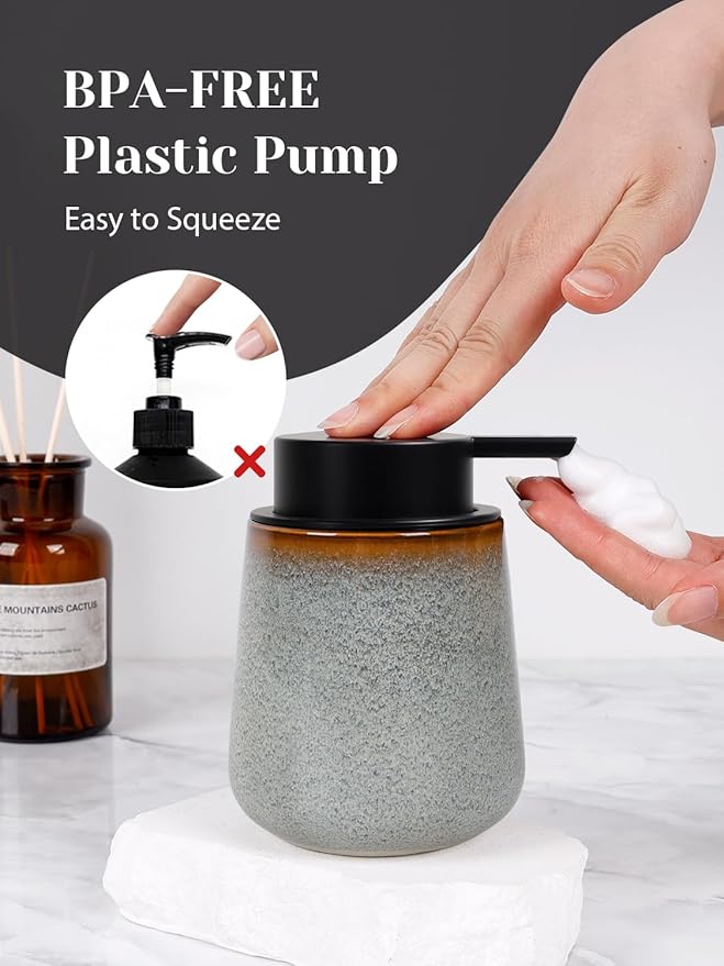 INGOFIN Ceramic Foaming Soap Dispenser -12oz Foam Hand Soap Dispenser Bathroom, Modern Refillable Dish Wash Soap Bottle for Kitchen with Large Pump,Kiln-Glazed