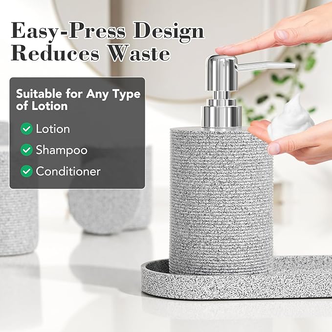 6-Piece Bathroom Accessory Set Resin, Gray Bath Accessories Complete with Toothbrush Holder, Lotion Soap Dispenser, 2 Qtip Holders,Vanity Tray,Bathroom Tumbler - Countertop Vanity Organizer