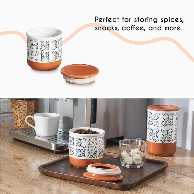 Canisters Sets for Kitchen Counter Ceramic Food Storage Jars with Airtight Lids, Sugar and Flour Containers Set of 3 - for Coffee, Tea, Spice - Stylish Countertop Décor
