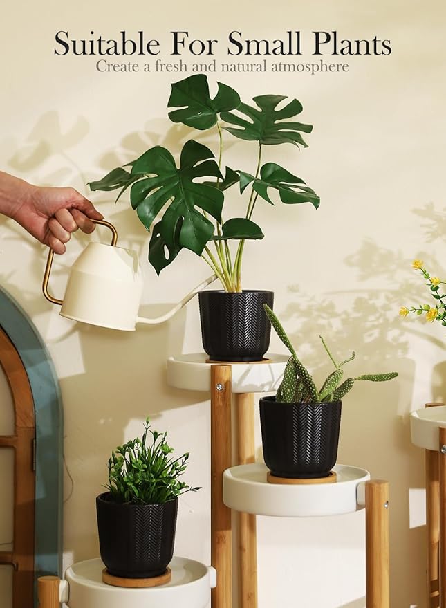 OMAYKEY 4.5 Inch Plant Pots with Saucer, Ceramic Black Planters Pots with Drainage Hole and Mesh Pads for Succulent, Cactus, Herbs - 4 Packs(Plant Not Included)