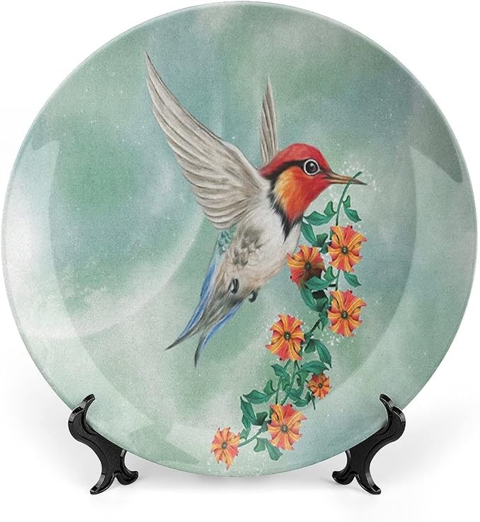 XISUNYA 6 Inch Decorative Plate, Hummingbird Round Porcelain,Hummingbird Flying with Flower Branch Print Ceramic Wall Hanging for Home & Office Wall Hanging Decor