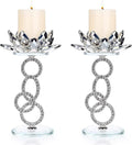 OwnMy Set of 2 Crystal Lotus Flower Candle Holders Metal Glass Lotus Pillar Candlestick Holders, Silver Crystal Lotus Tealight Candlesticks Votive Candle Stands for Wedding Table Centerpiece, 7.5" H