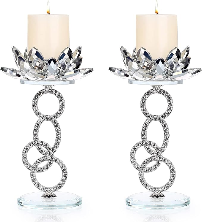 OwnMy Set of 2 Crystal Lotus Flower Candle Holders Metal Glass Lotus Pillar Candlestick Holders, Silver Crystal Lotus Tealight Candlesticks Votive Candle Stands for Wedding Table Centerpiece, 7.5" H